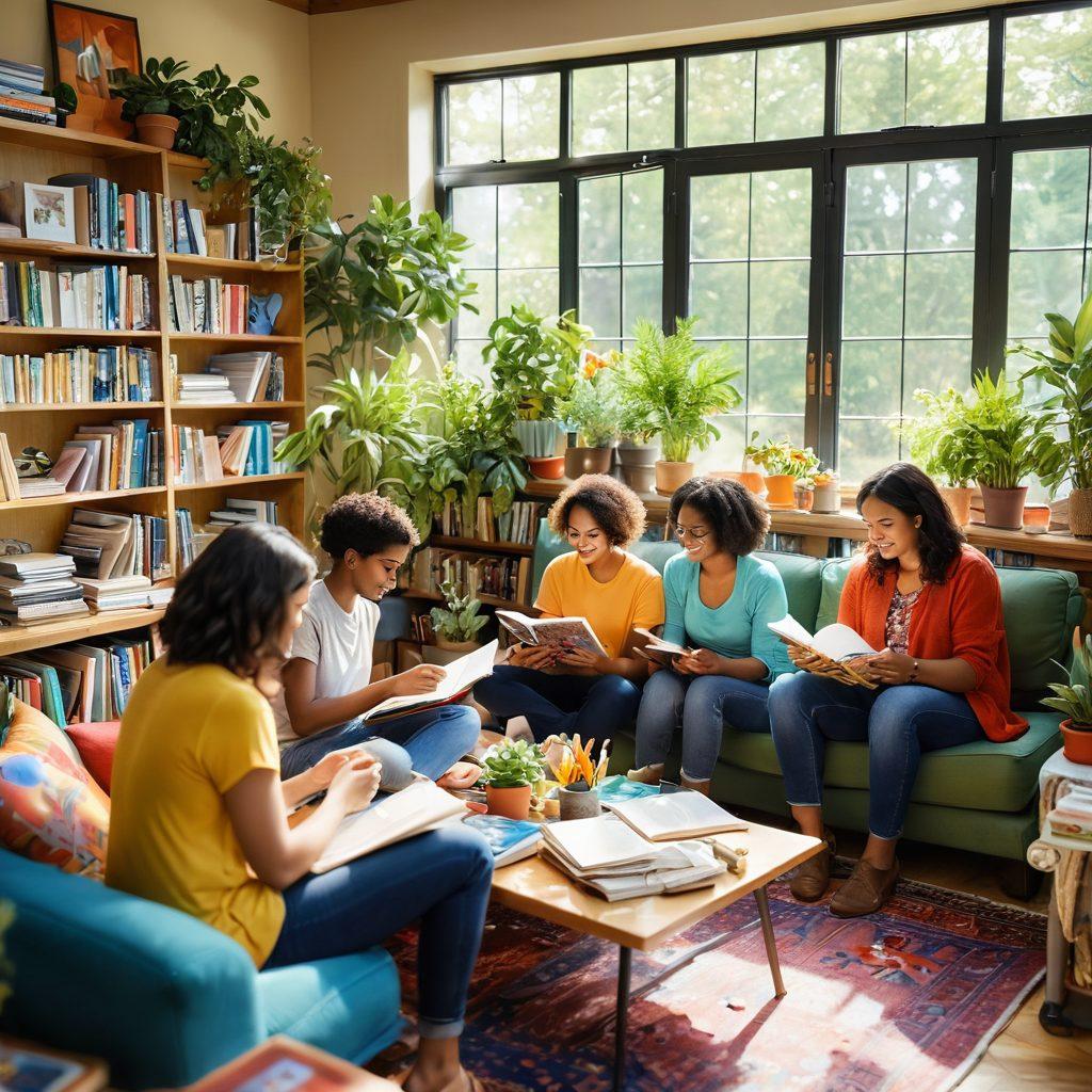 A lively scene depicting diverse individuals coming together in a colorful, inviting space, sharing tools like journals, art supplies, and uplifting books. The atmosphere is filled with warm sunlight, laughter, and vibrant decorations that symbolize joy and support. Integrate elements like plants and cozy seating to enhance the feeling of a nurturing environment. super-realistic. vibrant colors. soft focus.