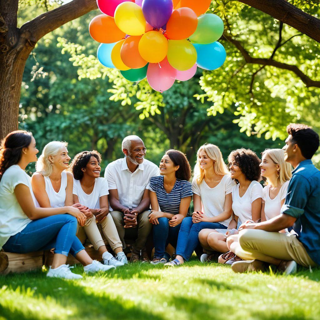 A diverse group of people of different ages and backgrounds, sitting in a circle in a vibrant park, sharing ideas and smiling, surrounded by greenery, with colorful flowers and balloons that symbolize community and togetherness. Sunlight filters through the trees, creating a warm, inviting atmosphere that fosters connection. super-realistic. vibrant colors. soft focus.