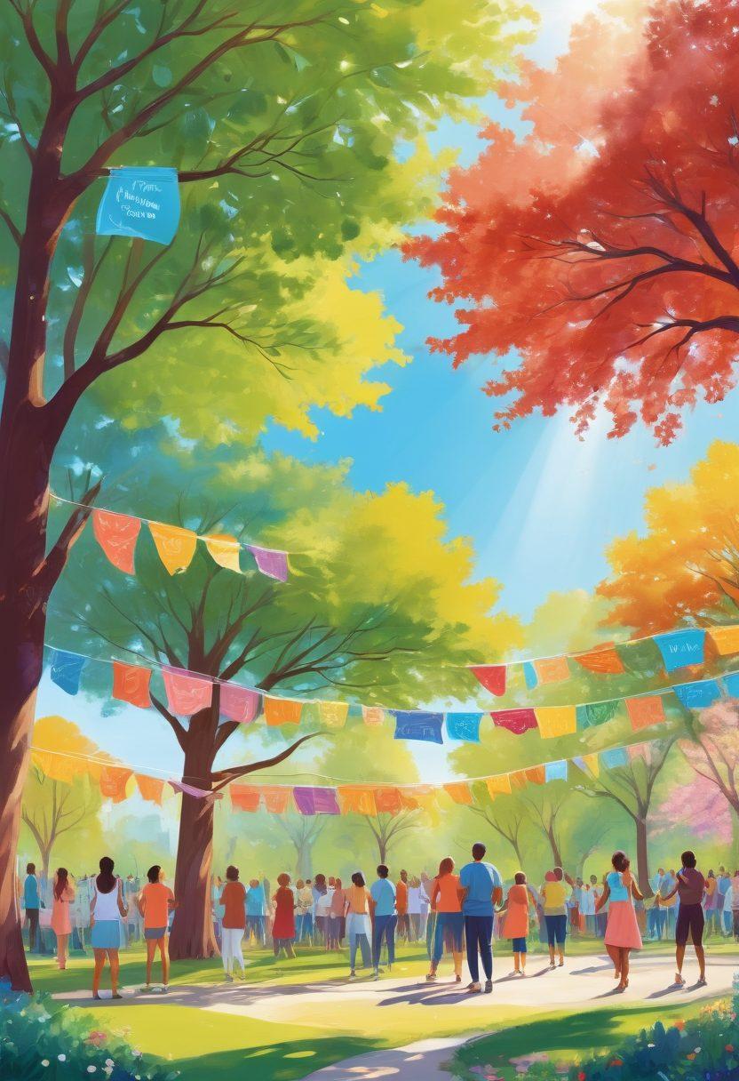 A vibrant community gathering in a sunny park, showcasing diverse individuals engaging in uplifting activities like laughter, sharing, and support. Brightly colored banners with positive affirmations hang between trees, while small groups are seen practicing mindfulness, art, and conversation. The atmosphere radiates joy and inclusivity, with a backdrop of blooming flowers and a clear blue sky. vivid colors. cheerful illustration.